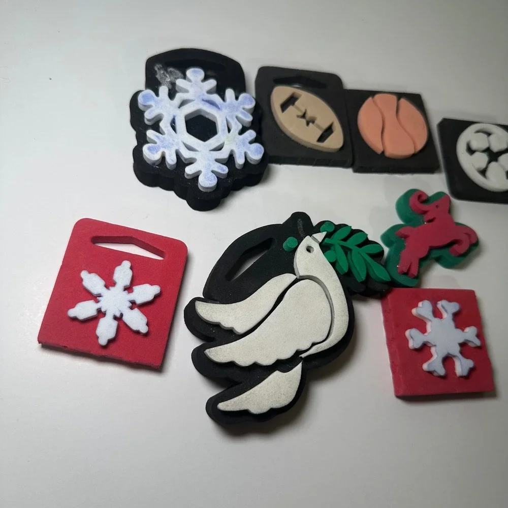 Lot‎ of 8 Foam Rubber Stamps Holiday Snowflakes Reindeer Dove Sports Themes